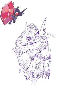 3_fingers 3_toes angry athletic bandage bandaged_chest belt bodily_fluids breasts claws cleavage clothed clothing cross-popping_vein eyeliner fangs feet female fingers fur gem gem_eyes horn looking_at_viewer makeup mostly_nude muscular muscular_female paws pose shortstack shortstack_female sweat teeth toes toned_female inkdoll nintendo pokemon generation_6_pokemon mega_evolution mega_sableye pokemon_(species) 3:4 sketch