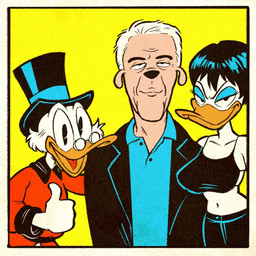 alternate_species anthro black_clothing black_hair black_topwear blue_eyeshadow breasts cleavage clothed clothing collarbone dark_humor eyelashes eyeshadow eyewear feathers female fur furrification glasses group hair hat headgear headwear looking_at_viewer makeup male midriff mouth_closed navel open_mouth open_smile red_clothing red_topwear smile tan_body tan_fur top_hat topwear trio wearing_glasses white_body white_feathers white_hair atomiksaico disney epstein_files ghislaine_maxwell jeffrey_epstein scrooge_mcduck anatid anseriform avian bird canid canine canis domestic_dog duck mammal 1:1 2025 digital_drawing_(artwork) digital_media_(artwork) english_description half-length_portrait portrait