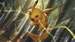 ambiguous_gender detailed_background dipstick_ears ear_markings electricity forest multicolored_ears open_mouth plant solo tree supearibu nintendo pokemon generation_1_pokemon pikachu pokemon_(species) 16:9 2020 hi_res widescreen