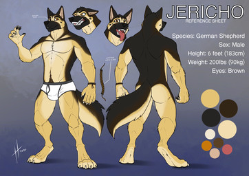 anthro athletic athletic_anthro athletic_male bared_teeth black_body black_fur black_nose black_seam_briefs black_tail bottomwear briefs brown_eyes bulge butt clothed clothing ears_back front_view fur glistening glistening_eyes looking_at_viewer male male_anthro mouth_closed nude open_mouth pivoted_ears pubes rear_view red_tongue simple_background solo standing tail teeth text tongue tongue_out topless underwear white_bottomwear white_briefs white_clothing white_underwear yellow_body yellow_fur yellow_tail hufnaar jericho_(folf) canid canine canis domestic_dog german_shepherd herding_dog mammal pastoral_dog absurd_res english_text hi_res model_sheet