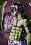 abs anthro bat_wings biceps black_body black_hair black_scales bottomwear bulge clothed clothing denim denim_bottomwear denim_clothing glowing green_body green_scales hair horn jeans male membrane_(anatomy) membranous_wings muscular muscular_anthro muscular_male nipples non-mammal_nipples pants pecs ponytail potion scales smile solo topless wings mrease mythology slightly_damned tsavo_(slightly_damned) demon dragon mythological_creature mythological_scalie scalie 2017 digital_media_(artwork)