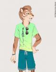 adolescent bottomwear clothing eyewear green_eyes male shirt shorts simple_background solo sunglasses t-shirt topwear whiskers young shiuk alex_maxwell felid mammal prehistoric_species saber-toothed_tiger absurd_res hi_res