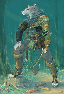 anthro axe belt biped braided_hair detailed_background ear_piercing forest hair male melee_weapon nature outside piercing plant pose scabbard solo standing sword tree weapon wood mochisuna canid canine canis mammal wolf