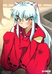 asian_clothing blush bottomwear clothed clothing east_asian_clothing hair hakama haori japanese_clothing jewelry looking_at_viewer male necklace red_bottomwear red_clothing red_hakama simple_background solo white_hair white_haori yellow_eyes ko_suke_poke inuyasha inuyasha_(inuyasha) animal_humanoid canid canid_humanoid canine canine_humanoid canis demon domestic_dog half-demon humanoid hybrid mammal mammal_humanoid