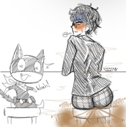 anthro black_body black_fur blue_eyes blush bodily_fluids butt clothed clothing dialogue duo embarrassed embarrassed_expression eyewear fart fart_cloud farting_at_viewer farting_on_another farting_on_face fur glasses humor kerchief male markings mask open_mouth smile standing surprised sweat sweatdrop tail tail_markings text upset_stomach white_body white_fur lillipupkit_(artist) atlus megami_tensei persona_(series) persona_5 sega morgana_(persona) ren_amamiya domestic_cat felid feline felis human mammal tuxedo_cat english_text sketch