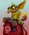 2024 belt blizzard_entertainment bomb bottomwear clothed clothing crona_(artist) explosives eyewear goblin goggles green_body humanoid male navel nipples on_explosive pants solo topless warcraft