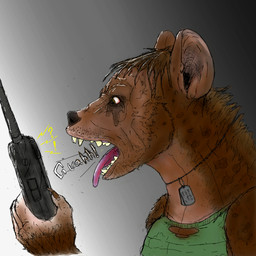 ambiguous_gender anthro asphyxiation bloodshot_eyes brown_body brown_fur brown_hair claws clothed clothing dog_tags electronics forced forced_transformation fur growth hair holding_object holding_radio human_to_anthro interrobang loss_of_speech markings mid_transformation military open_mouth panicking radio snout snout_growth soldier solo sound_effects species_transformation spots spotted_body spotted_fur tan_body tan_fur teeth text tongue tongue_out torn_clothing transformation warrior mnbvcxz human hyena mammal spotted_hyena 1:1 hi_res