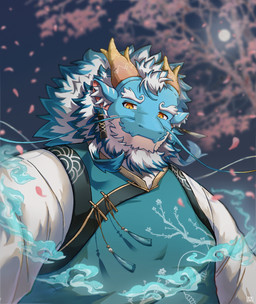 2_horns anthro asian_clothing barazoku barbel_(anatomy) beard blue_body blue_highlights blue_scales cherry_blossom chinese_clothing clothing cloud dragon_horn ear_piercing ear_ring east_asian_clothing facial_hair flesh_whiskers flower hair highlights_(coloring) horn inner_ear_fluff light_smile long_mustache looking_at_viewer male mature_male moon multicolored_body multicolored_hair multicolored_scales mustache night orange_eyes orange_horn piercing plant prunus_(flower) ring_piercing scales smile smiling_at_viewer solo tassels teal_clothing teal_clouds teal_topwear topwear tuft two_tone_body two_tone_hair two_tone_scales white_body white_hair white_inner_ear_fluff white_scales white_sleeves castaneaf lifewonders mythology tokyo_afterschool_summoners qinglong_(tas) dragon eastern_dragon mythological_creature mythological_scalie scalie 2025 half-length_portrait hi_res portrait