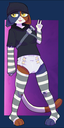 abdl alternative_fashion anthro beanie black_bars clean_diaper clothing diaper female footwear gesture hand_gesture hat headgear headwear socks solo tongue tongue_out v_sign wool_clothing wool_hat wool_headwear yellow_eyes biteybaby epic_games fortnite meow_skulls calico_cat domestic_cat felid feline felis mammal 1:2 absurd_res alpha_channel hi_res letterbox