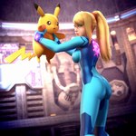 blonde_hair blue_eyes breasts carrying_another clothing duo female hair light_body light_skin long_hair ponytail smile yellow_body zero_suit onmodel3d metroid nintendo pokemon samus_aran generation_1_pokemon human mammal pikachu pokemon_(species) 1:1 3d_(artwork) absurd_res crossover digital_media_(artwork) hi_res