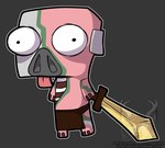 anthro bone bottomwear brown_bottomwear brown_clothing brown_loincloth brown_pants clothed clothing fingers gold_(metal) golden_sword holding_object holding_weapon hooved_fingers hooves loincloth male melee_weapon pants pink_body pink_skin simple_background skull skull_head solo sword tongue tongue_out weapon spirit_productions invader_zim microsoft minecraft mojang nickelodeon xbox_game_studios gir_(invader_zim) domestic_pig mammal piglin suid suine sus_(pig) undead zombie zombified_piglin crossover digital_media_(artwork) hi_res