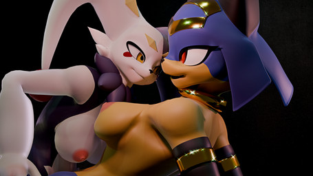 black_body black_fur blue_hair breasts duo female fur gold_(metal) hair jewelry looking_at_another multicolored_body neck_tuft necklace nipples pink_nipples red_eyes tuft white_body white_fur yellow_body yellow_eyes tacopuss seriuswolf_(modeler) palworld pocketpair dupin_(seriuswolf) dupin_(pal) felid feline lagomorph leporid mammal pal_(species) rabbit sekhmet_(pal) 16:9 3d_(artwork) 4k absurd_res digital_media_(artwork) hi_res widescreen