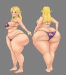 backless_bikini_bottom belly belly_rolls big_breasts big_butt bikini blonde_hair blue_eyes blush bottom_heavy breasts butt butt_cleavage butt_cutout butt_keyhole cleavage_cutout clothed clothing cutout feet female grey_background hair hand_on_hip huge_butt huge_hips huge_thighs humanoid_pointy_ears long_ears navel not_furry overweight overweight_female overweight_humanoid pointy_ears purple_bikini purple_clothing purple_swimwear rear_view side_view simple_background skimpy solo standing swimwear thick_thighs triforce_clothing two-piece_swimsuit under_boob wide_hips toroboro nintendo super_smash_bros. super_smash_bros._ultimate the_legend_of_zelda princess_zelda humanoid hylian full-length_portrait hi_res portrait unavailable_at_source