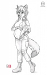 5_fingers anthro belly breasts clothed clothing female fingers fur hair jumpsuit navel nipples open_mouth pip-boy pregnant simple_background smile solo tail teeth vault_suit white_background wide_hips kacey fallout microsoft shaytalis valentine_(dekopuma) canid canine canis coyote mammal 2016 sketch traditional_media_(artwork)