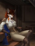 anthro blue_eyes breasts brown_hair clothed clothing eyebrows eyelashes female hair looking_at_viewer sitting solo elvofirida samantha_(syronck01) canid canine fox mammal red_fox true_fox 2022 digital_media_(artwork) hi_res