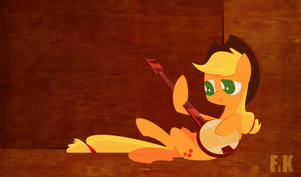 banjo_(instrument) blonde_hair clothing cowboy_hat cutie_mark female green_eyes hair hat headgear headwear lying musical_instrument plucked_string_instrument ponytail solo string_instrument tail yellow_tail fluttershythekind friendship_is_magic hasbro my_little_pony applejack_(mlp) earth_pony equid equine horse mammal pony 2013 hi_res