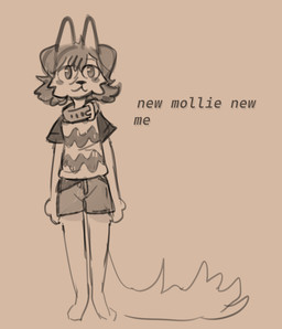 anthro bottomwear brown_background clothing digitigrade female medium_hair shirt shorts simple_background solo standing t-shirt tail text topwear wearing_collar mollietown mollie_(mollietown) english_description english_text hi_res sketch