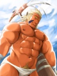 axe blonde_hair bodypaint clothing face_paint hair male melee_weapon muscular muscular_male nipples pubes solo thong underwear weapon takezamurai breath_of_fire capcom cray woren 3:4