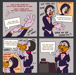 anthro beak blue_latex bodily_fluids bulge cane cape clothing cock_gag collar crossed_legs ellipsis eyewear gag hat headgear headwear latex latex_clothing latex_mask latex_skinsuit lock_symbol male mask motion_lines mph! multicolored_latex questionable_consent raised_arm simple_background skinsuit solo speech_bubble sweat sweatdrop tail text thought_bubble tight_clothing white_latex owy purin_lupin avian bird penguin comic english_text hi_res