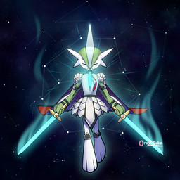 3_fingers 3_toes anthro armor armor_plates blue_sword cape clothing constellation dual_wielding dual_wielding_melee_weapons eyes_closed facing_forward feet fingers focusing glowing_sword green_body head_spikes holding_melee_weapon holding_object holding_sword holding_weapon knee_guards knight_armor logo male melee_weapon mouth_closed necktie night pauldron power-up red_cape red_clothing red_necktie solo space spikes spikes_(anatomy) star sword sword_hilt toes weapon white_body wisps wrist_guards orez-suke nintendo pokemon sir_gallade gallade generation_4_pokemon humanoid pokemon_(species) 1:1 absurd_res artist_logo hi_res