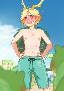 ambiguous_gender antlers beach blonde_hair blush blushing_profusely bodily_fluids breasts clothed clothing female group hair horn navel open_mouth outside red_eyes shell short_hair small_breasts sweat swimming_trunks swimwear tail tomboy topless yellow_antlers bon_feather male_swimwear_challenge mythology touhou otter_spirit_(touhou) yachie_kicchou animal_humanoid dragon dragon_humanoid eastern_dragon eastern_dragon_humanoid humanoid mammal mustelid mythological_creature mythological_scalie otter scalie hi_res