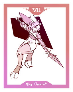 anthro armor armwear barely_visible_genitalia barely_visible_penis border bottomwear card chest_binder choker clothing elbow_gloves eyeliner flaccid genitals gloves hair handwear holding_melee_weapon holding_object holding_polearm holding_spear holding_weapon jewelry legwear long_ears looking_away major_arcana makeup male melee_weapon midair necklace pauldron penis polearm short_tail solo spear tail tarot tarot_card the_chariot_(tarot) thigh_highs underwear weapon white_border womb_tattoo conditional_dnp lodi_(artist) mizzel_(lodi) lagomorph leporid mammal rabbit 4:5 absurd_res hi_res restricted_palette