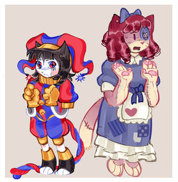 3_toes barefoot bow_(feature) bow_ribbon brown_hair button_(fastener) button_eyes clothing duo feet female fool's_hat footwear gloves hair handwear hat headgear headwear heart_symbol jester jester_outfit multicolored_eyes multicolored_tail pawpads petticoat rag_doll_(toy) red_cheeks red_hair ruff_(clothing) tail toeless_footwear toes triangle_nose white_body white_skin yellow_clothing yellow_gloves yellow_handwear ruby_thursda7 glitch_productions the_amazing_digital_circus pomni_(tadc) ragatha_(tadc) domestic_cat felid feline felis humanoid mammal hi_res