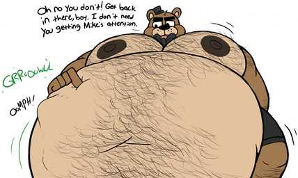 anthro barazoku belly belly_hair big_belly body_hair bow_tie brown_body brown_fur chest_hair clothing dialogue fur hat headgear headwear huge_belly male male_pred nipples overweight overweight_male pecs rumbling_stomach same_size_vore solo struggling struggling_prey text underwear vore tyke_dergon five_nights_at_freddy's scottgames freddy_(fnaf) bear mammal english_text hi_res
