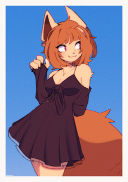 4_fingers :3 anthro bangs biped black_clothing black_dress blue_background border breasts cleavage clothed clothing dress female fingers fur gradient_background hair hand_behind_back looking_aside orange_body orange_fur orange_hair red_hair simple_background sleeves_past_wrists smile solo standing tail text white_border yellow_body yellow_fur tartifondue nintendo pokemon mystik_velvet_(tartifondue) generation_1_pokemon pokemon_(species) vulpix 2024 artist_name hi_res portrait three-quarter_portrait