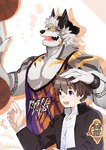 anthro backwards_baseball_cap backwards_hat ball baseball_cap basketball_(ball) brown_hair clothing duo fur grey_body grey_fur hair hat headgear headwear male pecs shirt size_difference tank_top topwear youmoxto lifewonders tokyo_afterschool_summoners protagonist_(tas) q'ursha_(tas) twink_protagonist_(tas) canid canine canis domestic_dog human mammal