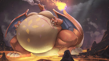 belly big_belly feral lava male orange_body overweight overweight_male standing tail wings steen nintendo pokemon marco charizard generation_1_pokemon generation_8_pokemon gigantamax_charizard gigantamax_pokemon pokemon_(species) reptile scalie 16:9 hi_res widescreen