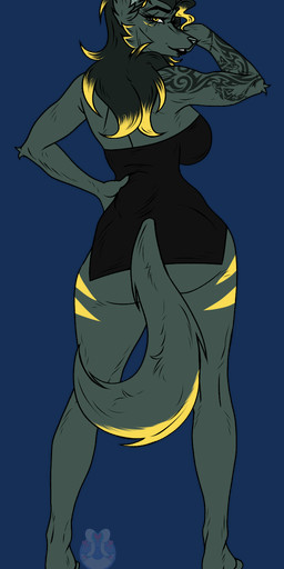 anthro arm_tattoo black_lips female fur fur_markings lips markings pose skimpy_dress solo tattoo pokepoke saladin_ritter anubian_jackal canid canine canis jackal mammal alpha_channel hi_res pinup