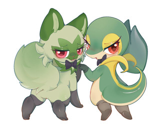 ambiguous/ambiguous ambiguous_gender anthro blush blush_lines bow_tie butt clothing duo eyelashes fangs feral fur gloves green_body green_fur half-closed_eyes hand_holding handwear legwear looking_at_viewer looking_back narrowed_eyes open_mouth paws pink_eyes red_eyes simple_background tail teeth tongue yaiti nintendo pokemon felid feline generation_5_pokemon generation_9_pokemon mammal pokemon_(species) scalie snivy sprigatito 2026 hi_res