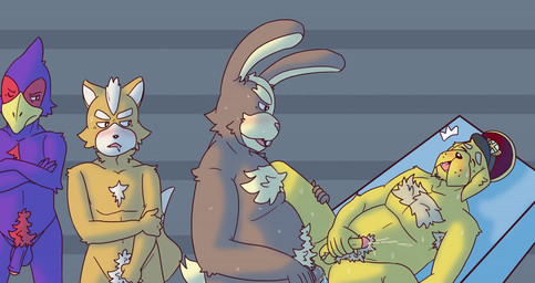 anal anthro armpit_hair balls bodily_fluids body_hair crossed_arms cum erection foreskin genital_fluids genitals group half-erect humanoid_genitalia humanoid_penis male male/male mature_anthro mature_male nude penis simple_background smile standing kayadult nintendo star_fox falco_lombardi fox_mccloud general_pepper peppy_hare avian bird canid canine canis domestic_dog fox hare lagomorph leporid mammal
