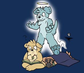 anthro book comedic_death corpse death duo female halo looking_at_hands male oblivious question reading str8aura-no-not-that-one housepets! peanut_butter_(housepets!) tarot_(housepets!) canid canine canis domestic_dog ghost mammal pomeranian spirit spitz alpha_channel hi_res