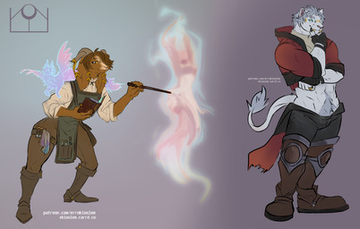 anthro apron clothing crossed_arms drawing_(action) eyewear feral glasses group looking_at_another magic magic_user magic_wand male piercing three-quarter_view trio errokioslem bovid caprine felid feline goat mammal tressym full-length_portrait hi_res portrait