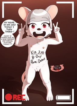albino anthro biped black_nose body_writing buckteeth camera_view dialogue eyebrows female flat_chested fur genitals gesture grey_hair hair hand_gesture humanoid_genitalia humanoid_vulva navel nipples nude open_mouth open_smile recording red_eyes short_hair simple_background smile smiling_at_viewer solo speech_bubble stated_age stated_young teeth text toddler tongue v_sign vulva white_body white_fur young young_anthro young_female thepsychodog kin_(psychodog) mammal mouse murid murine rodent 2026 english_text hi_res