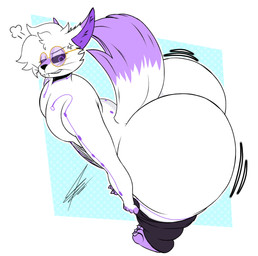angry annoyed anthro big_butt biped bottomwear bubble_butt butt butt_jiggle clothed clothing dipstick_tail eyewear feet femboy fox_tail glasses hair huge_butt jiggling legwear looking_back male markings mostly_nude mostly_nude_anthro mostly_nude_male no_underwear pants pose purple_ears purple_eyes purple_eyewear purple_glasses purple_tail_tip round_glasses side_view simple_background solo standing struggling struggling_to_fit tail tail_markings teeth teeth_showing text whiskers white_body white_hair white_tail samucafujiwara astryn_(hamncheese) canid canine fox mammal 2026 digital_drawing_(artwork) digital_media_(artwork) english_text full-length_portrait hi_res portrait signature