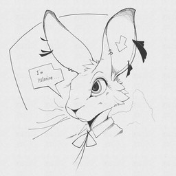 anthro clothed clothing dialogue ear_piercing ear_ring ear_tassels female frown fur piercing ring_piercing solo speech_bubble tattoo text whiskers gompami hare lagomorph leporid mammal 1:1 2026 black_and_white english_text hi_res monochrome