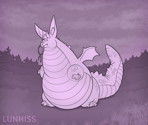 ambiguous_gender anthro belly big_belly claws feral fur grass horn inflation inner_ear_fluff male membrane_(anatomy) membranous_wings obese outside overweight overweight_feral plant scales sky solo tail thick_tail tree tuft whiskers wings lunhiss mythology dragon eastern_dragon hybrid kangaroo macropod mammal marsupial mythological_creature mythological_scalie scalie hi_res monochrome