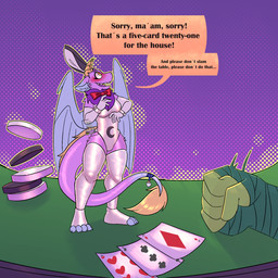anthro blush breasts bunny_costume card casino casino_table clothing costume dialogue duo extreme_size_difference female fluffy fluffy_ears fluffy_tail fur horn macro micro multicolored_body multicolored_fur pink_body pink_fur pink_tail poker_chip princess purple_body purple_fur royalty shrunk size_difference speech_bubble tail tail_fluff text two_tone_body uniform wings yellow_eyes yellow_horn yellow_tail posmehdakota mythology petal_(dapperhedgehog) dragon fairy_dragon furred_dragon furred_scalie lizard mythological_creature mythological_scalie reptile scalie winged_dragon 1:1 english_text hi_res
