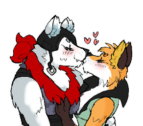 anthro armor black_nose blush blush_lines clothing duo eyes_closed fur furgonomics headgear heart_symbol helmet holding_partner kerchief kissing male male/male muscular muscular_anthro muscular_male orange_body orange_fur orange_inner_ear simple_background sleeveless_clothing smile topwear vest white_background white_body white_fur white_inner_ear peach- epic_games fortnite fennix_(fortnite) polar_patroller bear canid canine fox mammal polar_bear red_fox true_fox ursine aliasing digital_media_(artwork) low_res