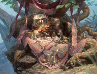 anthro brown_body brown_fur container cup day fur leaf leaf_clothing male open_mouth outside plant scarf smile solo staff tail tea_kettle tree whiskers ryan_pancoast hasbro magic:_the_gathering wizards_of_the_coast mammal procyonid raccoon hi_res official_art traditional_media_(artwork)