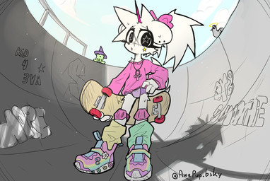 4_fingers :o accessory anthro black_nose bottomless bow_ribbon clean_diaper clothed clothing cloud diaper exposed_diaper female fingers footwear fur graffiti green_clothing green_footwear green_socks hair hair_accessory hair_bow hair_ribbon hand_on_hip holding_object holding_skateboard horn knee_pads long_sleeve_shirt looking_at_viewer mismatched_socks multicolored_clothing multicolored_footwear multicolored_shoes open_mouth outside pacifier pacifier_necklace pink_bow pink_clothing pink_horn pink_knee_pads pink_shirt pink_topwear ponytail pull-ups_(diaper) rainbow_clothing rainbow_footwear rainbow_shoes ribbons shirt shoes skateboard sky sneakers socks solo star_in_pupils tail text topwear unicorn_horn vehicle wearing_diaper white_body white_fur white_hair white_tail yellow_clothing yellow_footwear yellow_socks young young_anthro anxipup cool_s unicorn_puppie_(anxipup) canid canine mammal 2025 english_text full-length_portrait hi_res portrait signature