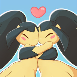 ambiguous_gender bangs black_body black_hair black_skin blue_background blush duo eyes_closed gloves_(marking) hair hair_mouth heart_symbol hug markings outline parted_bangs pseudo_hair simple_background white_outline yellow_body yellow_skin mawaifu nintendo pokemon generation_3_pokemon humanoid mawile pokemon_(species) 2023 hi_res