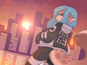 anthro blue_eyes blue_hair bottomwear brown_body brown_fur city clothed clothing ear_piercing eyelashes female fur gauged_ear hair half-closed_eyes hand_in_pocket hoodie looking_at_viewer looking_back markings narrowed_eyes pants piercing pockets sky skyline solo spots spotted_body spotted_fur standing sunset tan_body tan_fur topwear blueseidon blue_(blueseidon) domestic_cat felid feline felis mammal 4:3