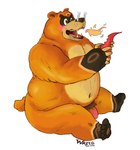 anthro belly blush brown_body brown_fur chili_pepper fire food fruit fur genitals male overweight overweight_male penis pepper_(fruit) plant pubes simple_background sitting solo white_background wazellthewolf genshin_impact mihoyo guoba_(genshin_impact) bear mammal 2021 absurd_res hi_res