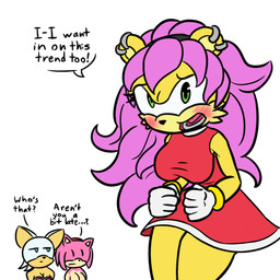 anthro asking asking_another asking_who big_breasts biped blush breasts clothed clothing cosplay dialogue ear_piercing female fingers fur gloves green_eyes group hair handwear looking_at_viewer open_mouth partial_speech_bubble piercing question simple_background solo_focus stuttering talking_to_another text thick_thighs trio white_background yellow_body yellow_fur yes-no_question loshon archie_comics sega sonic_the_hedgehog_(archie) sonic_the_hedgehog_(comics) sonic_the_hedgehog_(series) amy_rose mina_mongoose rouge_the_bat bat eulipotyphlan hedgehog herpestid mammal mongoose 1:1 2020 digital_media_(artwork) english_text hi_res