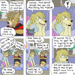 anthro blonde_hair bottomwear clothing curly_hair describing_another dialogue evil_grin exclamation_point female fur furniture group hair head_on_hands inside kneeling living_room logo male name_in_dialogue on_sofa page_number pants pattern_clothing pattern_shirt pattern_topwear shirt shocked sitting sitting_on_sofa six_frame_image smile sofa speech_bubble striped_clothing striped_shirt striped_topwear stripes text topwear trio worried_for_other yellow_body yellow_fur kriek_wildebeest boris_(kriek_wildebeest) jeremy_(kriek_wildebeest) sue_(kriek_wildebeest) border_collie canid canine canis collie domestic_dog herding_dog hunting_dog mammal pastoral_dog saluki sheepdog sighthound 1:1 artist_logo comic english_text hi_res multiple_scenes brother_(lore) brothers_(lore) sibling_(lore)