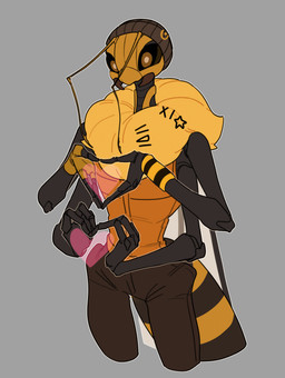 4_arms accessory antennae_(anatomy) anthro arthropod_abdomen beanie black_eyes clothed clothing compound_eyes fingerless_gloves gesture gloves hair_accessory hairpin handwear hat headgear headwear heart_gesture heart_symbol looking_at_viewer male mandibles membrane_(anatomy) membranous_wings multi_arm multi_limb segmented_arms simple_background solo standing sweatband wide_hips wings leafjuly izzac alien arthropod bee hymenopteran insect 2024 colored hi_res
